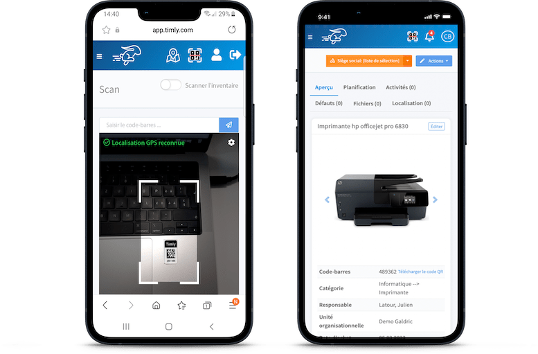 Inventaire des immobilisations géré sur deux smartphones