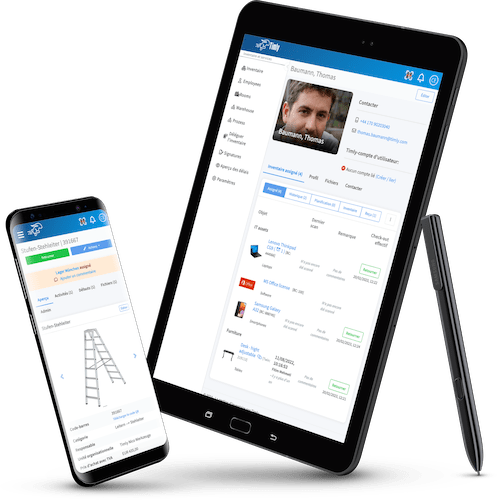 Le logiciel de gestion d'inventaire avec outil de ticketing Timly sur deux appareils